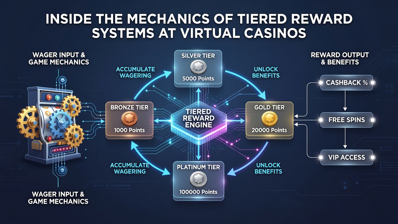 Infographic illustrating benefit escalation across casino loyalty tiers including cashback rates and exclusive perks